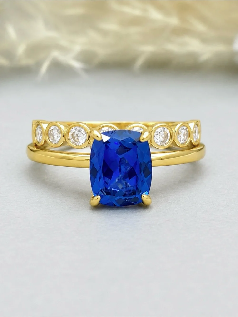Yellow Gold 3Ct Cushion Blue Sapphire Moissanite Band Sterling Silver Ring Set